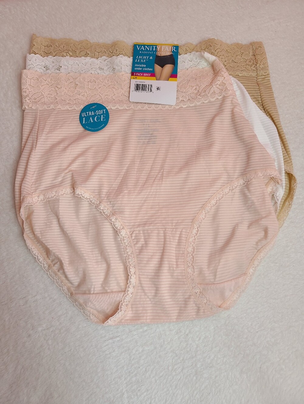 3pk Vanity Fair Radiant Light & Luxe Super Soft Lace Trim Briefs Size Lg